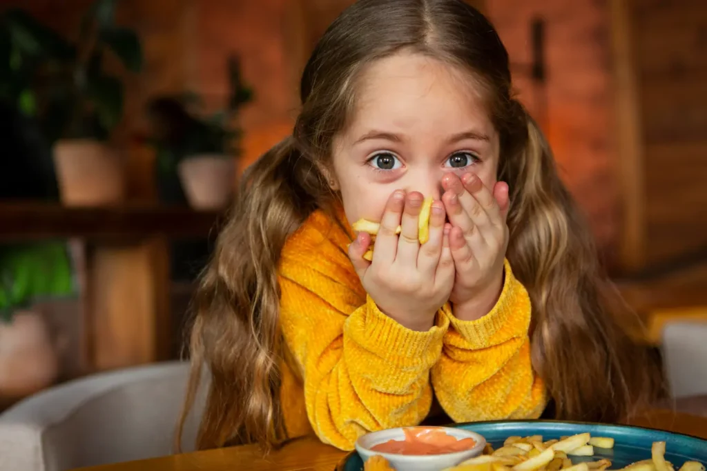 Uma menina está comendo batata fritas.